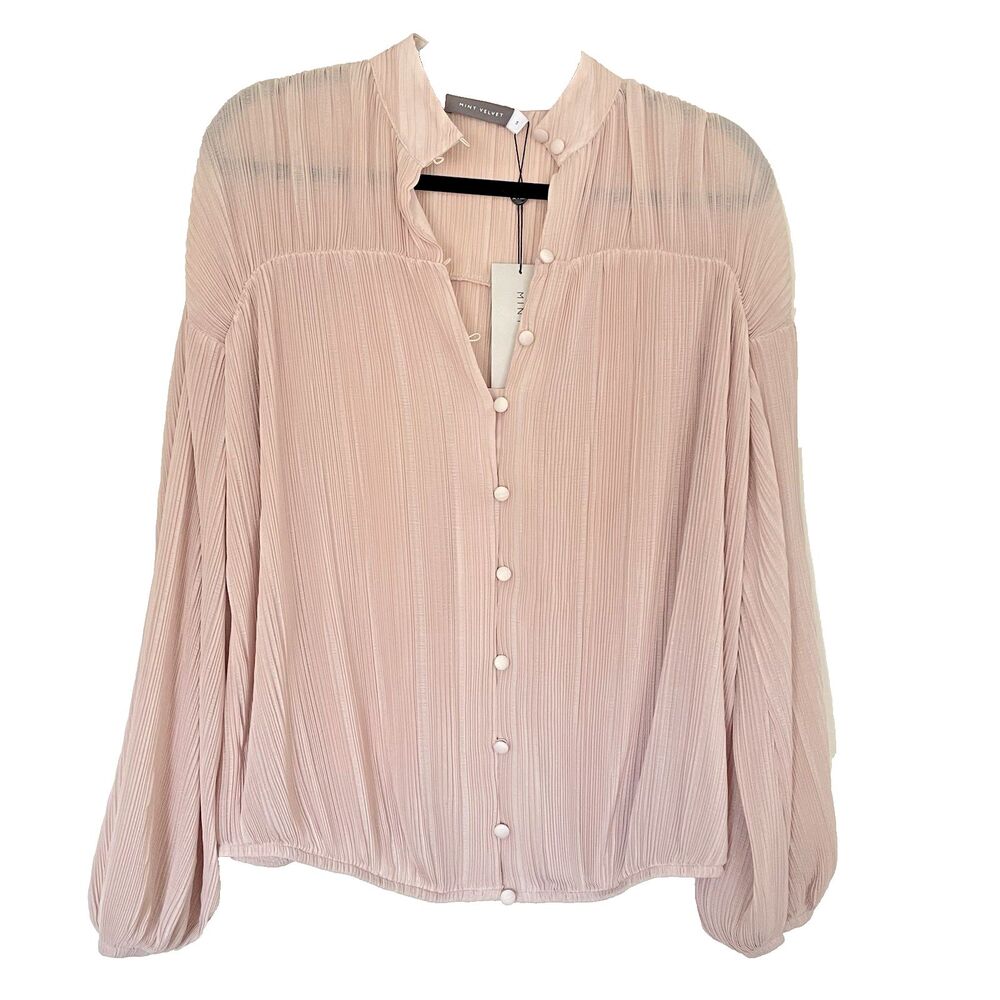 Mint Velvet Blouse Size S Neutral Pink Crinkle Long Sleeve Elegant Pleated Flowy